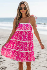 Load image into Gallery viewer, Pink Floral Print Ric Rac Patched Sleeveless Mini Dress - Fashion Queen -  1