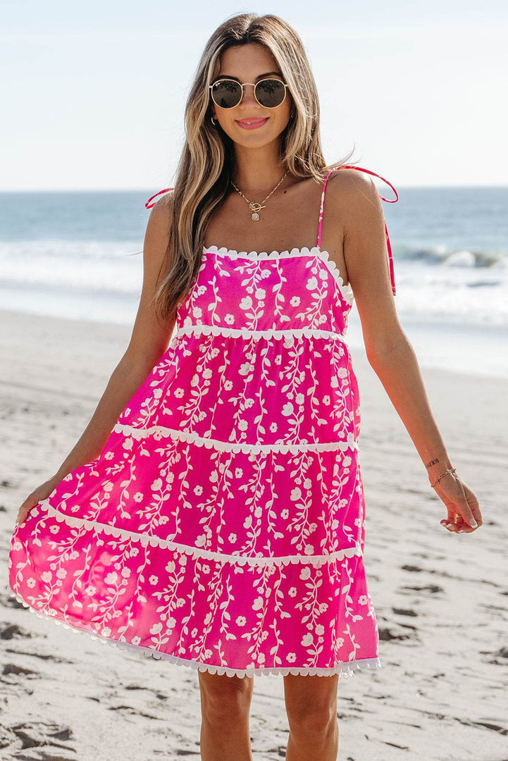 Pink Floral Print Ric Rac Patched Sleeveless Mini Dress - Fashion Queen -  1