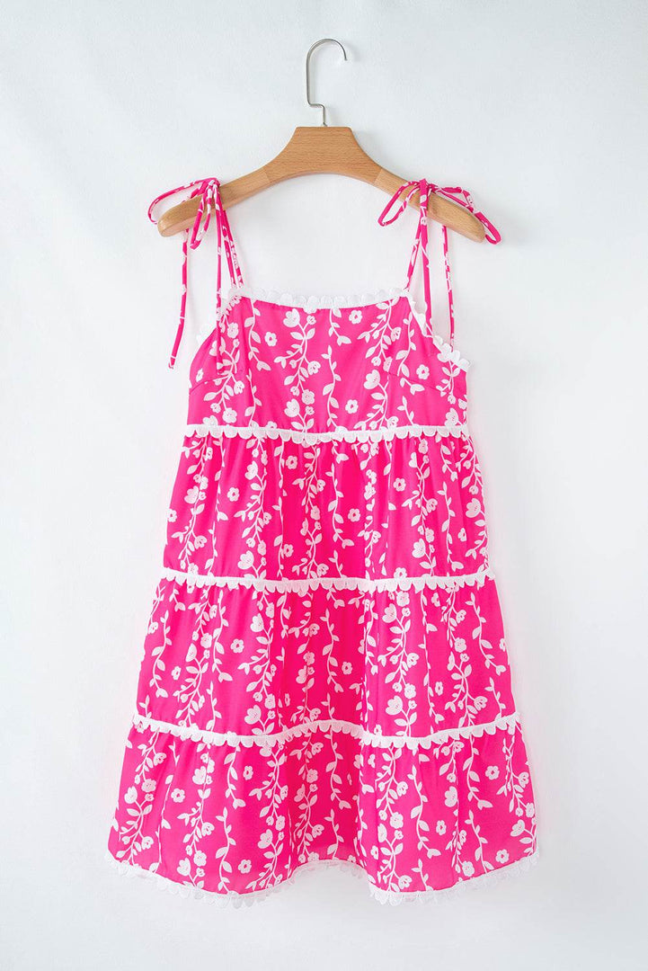 Pink Floral Print Ric Rac Patched Sleeveless Mini Dress - Fashion Queen -  11