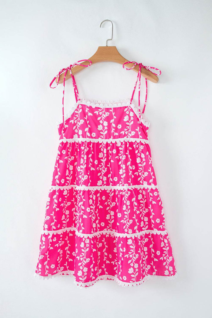Pink Floral Print Ric Rac Patched Sleeveless Mini Dress - Fashion Queen -  12