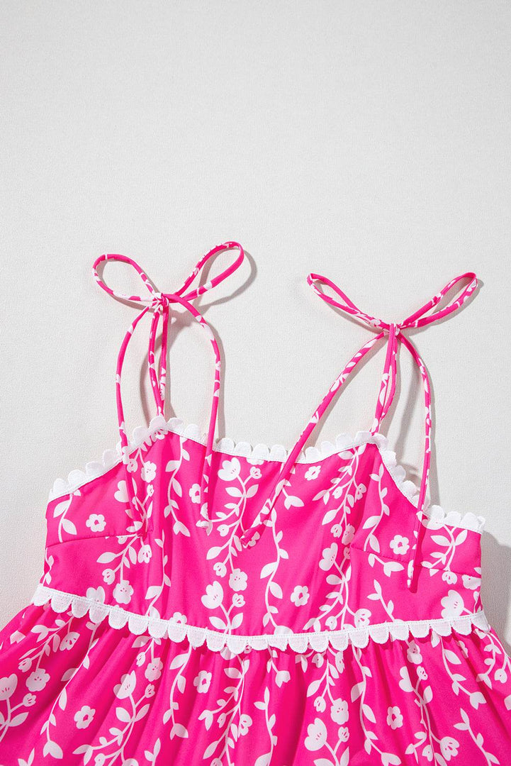 Pink Floral Print Ric Rac Patched Sleeveless Mini Dress - Fashion Queen -  13