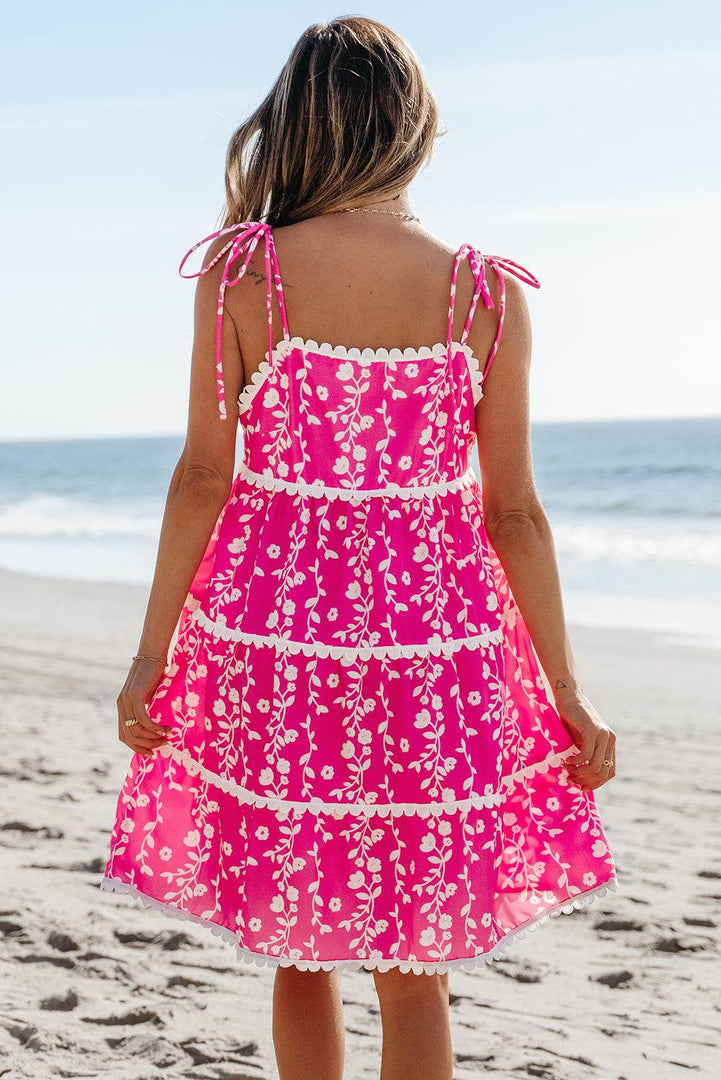 Pink Floral Print Ric Rac Patched Sleeveless Mini Dress - Fashion Queen -  2