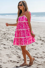 Load image into Gallery viewer, Pink Floral Print Ric Rac Patched Sleeveless Mini Dress - Fashion Queen -  4