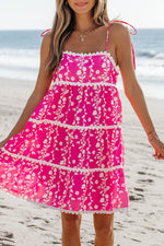 Load image into Gallery viewer, Pink Floral Print Ric Rac Patched Sleeveless Mini Dress - Fashion Queen -  6