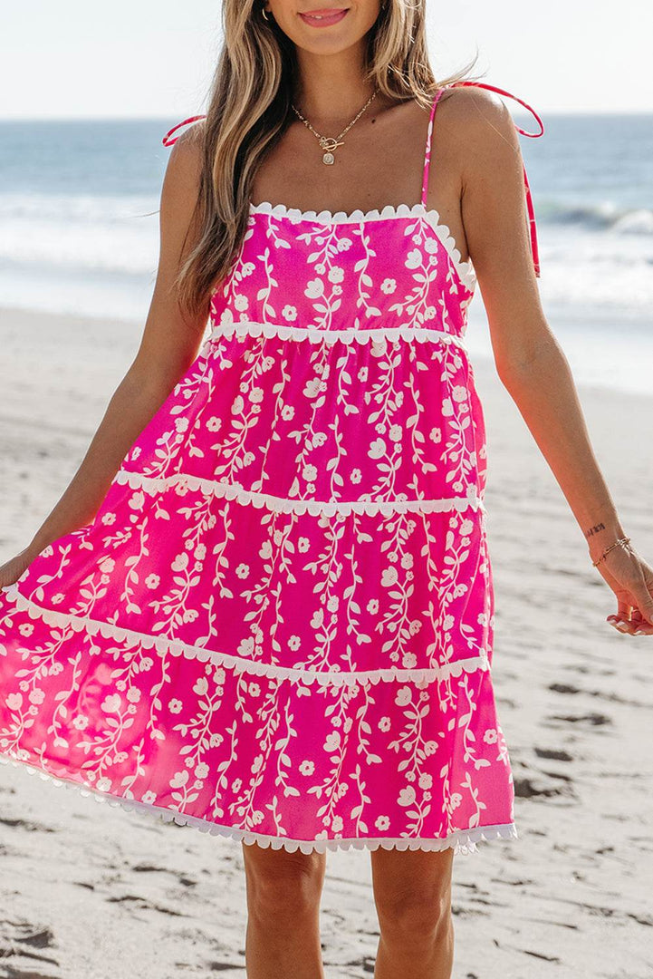 Pink Floral Print Ric Rac Patched Sleeveless Mini Dress - Fashion Queen -  6