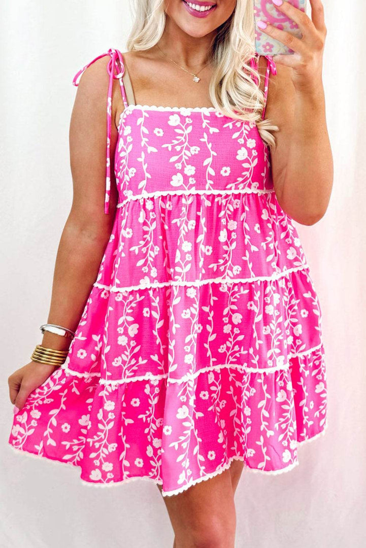 Pink Floral Print Ric Rac Patched Sleeveless Mini Dress - Fashion Queen -  7