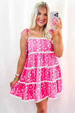 Load image into Gallery viewer, Pink Floral Print Ric Rac Patched Sleeveless Mini Dress - Fashion Queen -  9