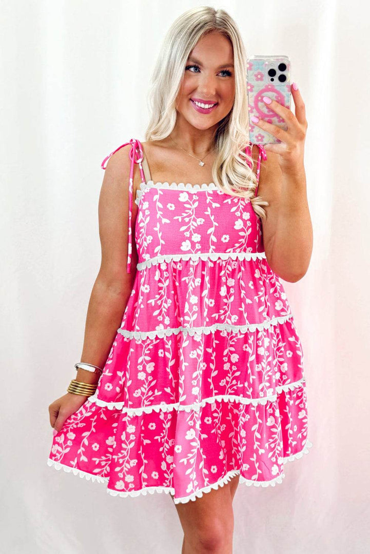 Pink Floral Print Ric Rac Patched Sleeveless Mini Dress - Fashion Queen -  9