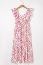 Load image into Gallery viewer, Pink Floral Print Square Neck Ruffled Strap Maxi Dress - Fashion Queen - 8