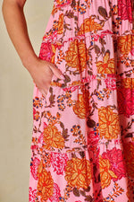 Load image into Gallery viewer, Pink Floral Square Neck Ruffled Flutter Sleeve Tiered Midi Dress - Fashion Queen - 15
