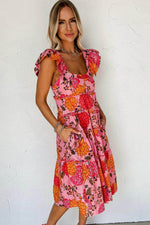Load image into Gallery viewer, Pink Floral Square Neck Ruffled Flutter Sleeve Tiered Midi Dress - Fashion Queen - 3