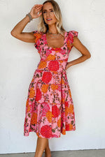 Load image into Gallery viewer, Pink Floral Square Neck Ruffled Flutter Sleeve Tiered Midi Dress - Fashion Queen - 4