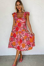 Load image into Gallery viewer, Pink Floral Square Neck Ruffled Flutter Sleeve Tiered Midi Dress - Fashion Queen - 5