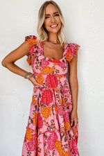 Load image into Gallery viewer, Pink Floral Square Neck Ruffled Flutter Sleeve Tiered Midi Dress - Fashion Queen - 7