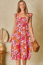 Load image into Gallery viewer, Pink Floral Square Neck Ruffled Flutter Sleeve Tiered Midi Dress - Fashion Queen - 8