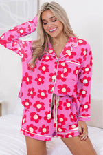 Load image into Gallery viewer, Pink Flower Print Long Sleeve Shirt Shorts Pajamas Set - Fashion Queen - 13