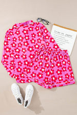 Load image into Gallery viewer, Pink Flower Print Long Sleeve Shirt Shorts Pajamas Set - Fashion Queen - 15
