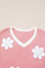 Load image into Gallery viewer, Pink Flower V Neck Dropped Shoulder Sweater - Fashion Queen - 11