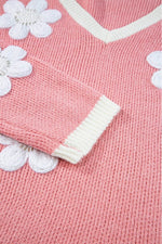 Load image into Gallery viewer, Pink Flower V Neck Dropped Shoulder Sweater - Fashion Queen - 14