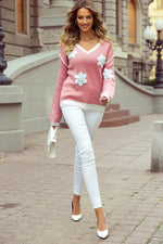 Load image into Gallery viewer, Pink Flower V Neck Dropped Shoulder Sweater - Fashion Queen - 6