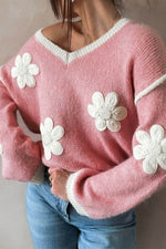 Load image into Gallery viewer, Pink Flower V Neck Dropped Shoulder Sweater - Fashion Queen - 7