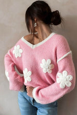 Load image into Gallery viewer, Pink Flower V Neck Dropped Shoulder Sweater - Fashion Queen - 8