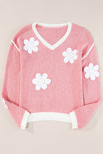 Load image into Gallery viewer, Pink Flower V Neck Dropped Shoulder Sweater - Fashion Queen - 9