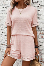Load image into Gallery viewer, Pink Fringe Trim Textured Short Two Piece Set - Fashion Queen - 1