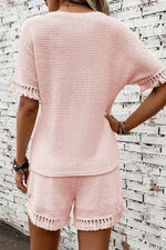 Load image into Gallery viewer, Pink Fringe Trim Textured Short Two Piece Set - Fashion Queen - 2