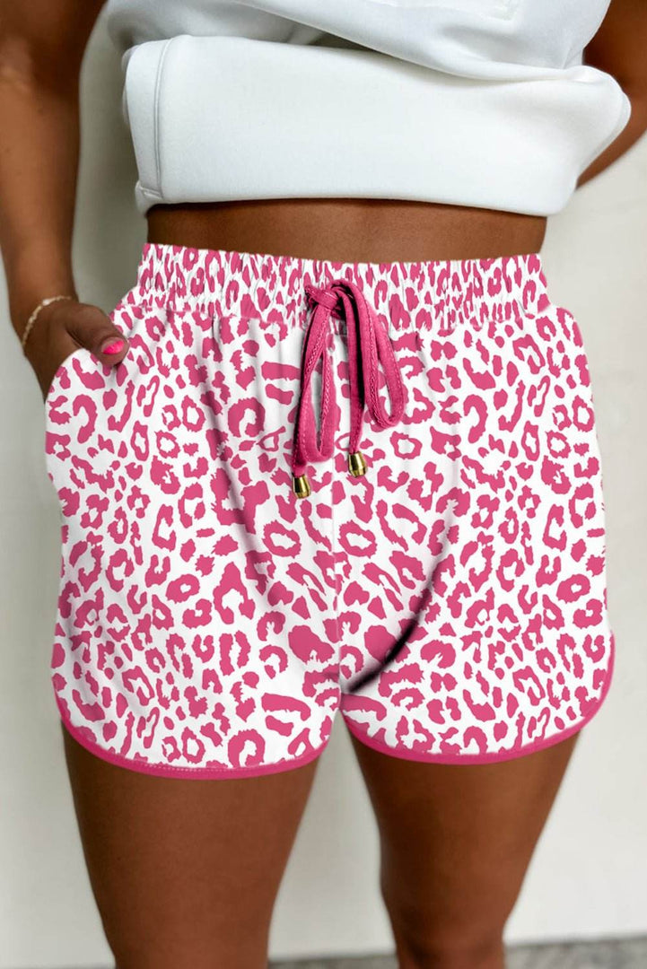 Pink Leopard Elastic Waist Lace up Contrast Trim Casual Shorts - Fashion Queen -  1