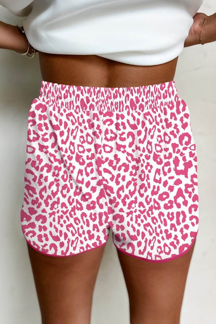 Pink Leopard Elastic Waist Lace up Contrast Trim Casual Shorts - Fashion Queen -  2