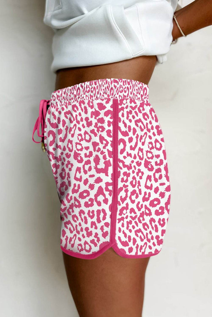 Pink Leopard Elastic Waist Lace up Contrast Trim Casual Shorts - Fashion Queen -  3