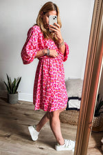 Load image into Gallery viewer, Pink Leopard Print Elasticated V Neck 3/4 Puff Sleeve Dress - Fashion Queen - 12