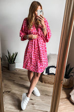 Load image into Gallery viewer, Pink Leopard Print Elasticated V Neck 3/4 Puff Sleeve Dress - Fashion Queen - 13