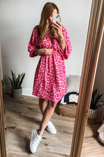 Load image into Gallery viewer, Pink Leopard Print Elasticated V Neck 3/4 Puff Sleeve Dress - Fashion Queen - 14