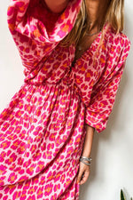 Load image into Gallery viewer, Pink Leopard Print Elasticated V Neck 3/4 Puff Sleeve Dress - Fashion Queen - 16