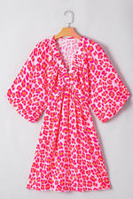 Load image into Gallery viewer, Pink Leopard Print Elasticated V Neck 3/4 Puff Sleeve Dress - Fashion Queen - 17
