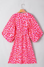 Load image into Gallery viewer, Pink Leopard Print Elasticated V Neck 3/4 Puff Sleeve Dress - Fashion Queen - 18