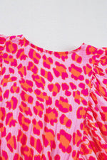 Load image into Gallery viewer, Pink Leopard Print Elasticated V Neck 3/4 Puff Sleeve Dress - Fashion Queen - 23