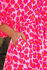 Load image into Gallery viewer, Pink Leopard Print Elasticated V Neck 3/4 Puff Sleeve Dress - Fashion Queen - 25