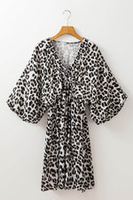 Load image into Gallery viewer, Pink Leopard Print Elasticated V Neck 3/4 Puff Sleeve Dress - Fashion Queen - 27