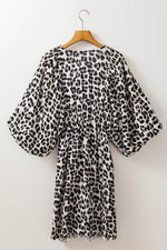 Load image into Gallery viewer, Pink Leopard Print Elasticated V Neck 3/4 Puff Sleeve Dress - Fashion Queen - 28