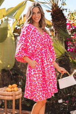 Load image into Gallery viewer, Pink Leopard Print Elasticated V Neck 3/4 Puff Sleeve Dress - Fashion Queen - 3