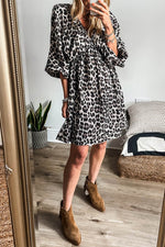 Load image into Gallery viewer, Pink Leopard Print Elasticated V Neck 3/4 Puff Sleeve Dress - Fashion Queen - 4