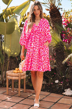 Load image into Gallery viewer, Pink Leopard Print Elasticated V Neck 3/4 Puff Sleeve Dress - Fashion Queen - 7