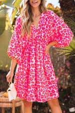 Load image into Gallery viewer, Pink Leopard Print Elasticated V Neck 3/4 Puff Sleeve Dress - Fashion Queen - 9
