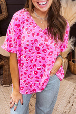 Load image into Gallery viewer, Pink Leopard V Neck Loose Short Sleeve Top - Fashion Queen - 1