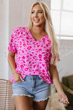 Load image into Gallery viewer, Pink Leopard V Neck Loose Short Sleeve Top - Fashion Queen - 11