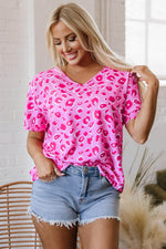 Load image into Gallery viewer, Pink Leopard V Neck Loose Short Sleeve Top - Fashion Queen - 16
