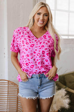 Load image into Gallery viewer, Pink Leopard V Neck Loose Short Sleeve Top - Fashion Queen - 17